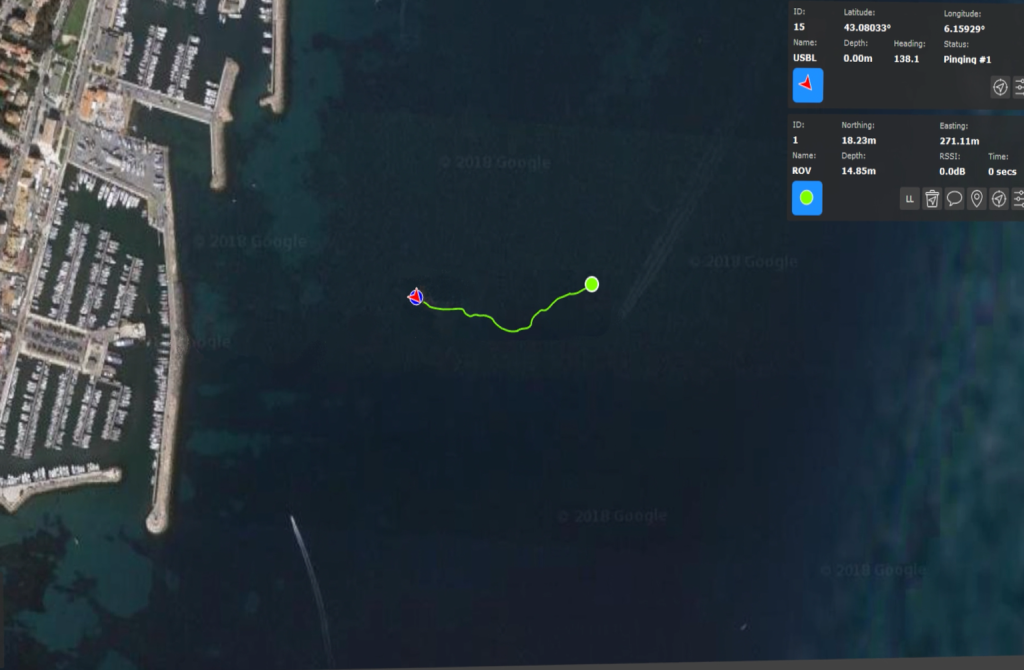 City map displaying a boat on the water, accompanied by Seatrac Data for enhanced maritime navigation.