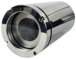 A polished stainless steel cylinder with a dark black lens, showcasing underwater 4k camera.