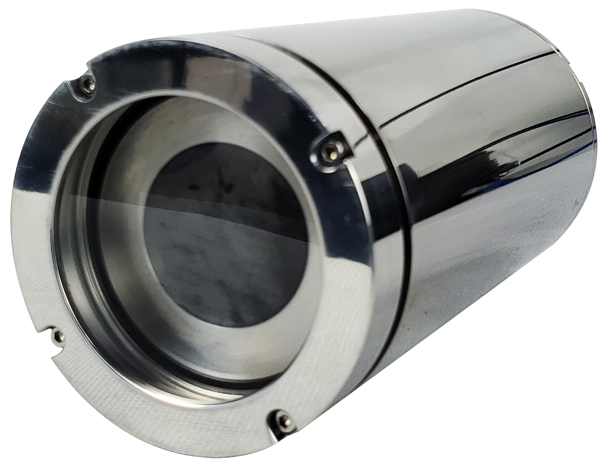 A polished stainless steel cylinder with a dark black lens, showcasing underwater 4k camera.