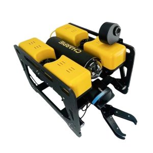A yellow and black robotic device with a hose, used for underwater scientific experiments and equipped with a GoPro camera.