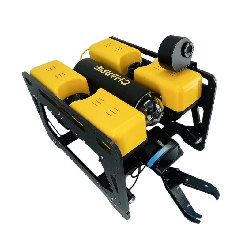 A yellow and black robotic device with a hose, used for underwater scientific experiments and equipped with a GoPro camera.