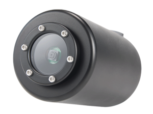 Rpi Underwater Open Source AI Camera with waterproof enclosure for marine research and underwater robotics. Front Low-Angle View