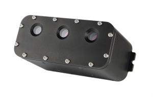 Underwater OAK-D Triple-Lens Depth AI Camera in waterproof housing - Low-Angle Front View