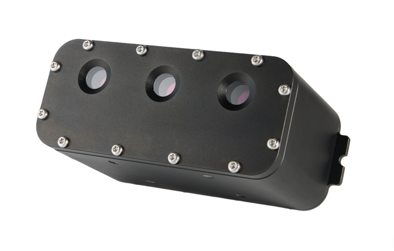 Underwater OAK-D Triple-Lens Depth AI Camera in waterproof housing - Low-Angle Front View