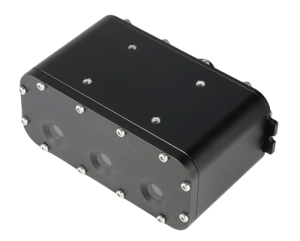 Underwater OAK-D Triple-Lens Depth AI Camera in waterproof housing - High-Angle Front View