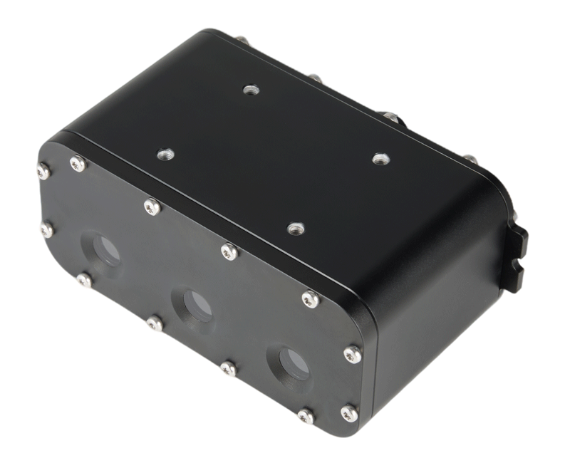 Underwater OAK-D Triple-Lens Depth AI Camera in waterproof housing - High-Angle Front View