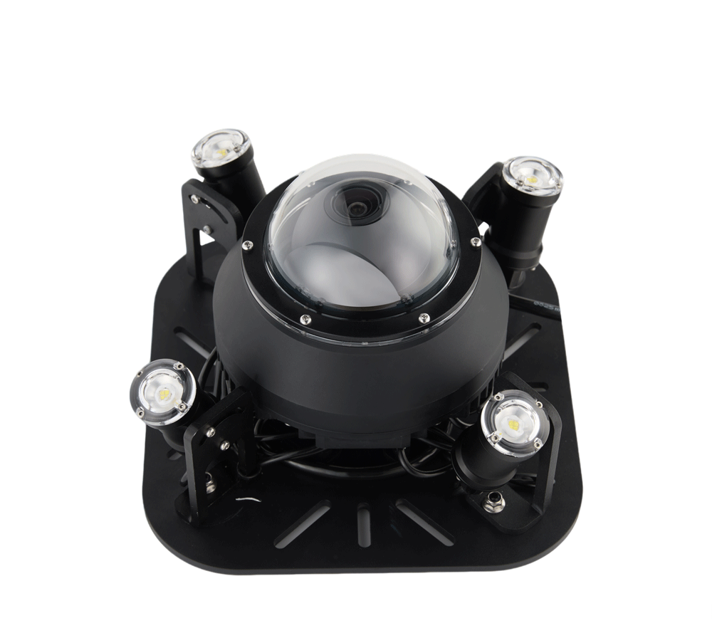 Underwater 360° Total Vision PTZ Camera with integrated LED lights for omnidirectional monitoring - High Angle Front View